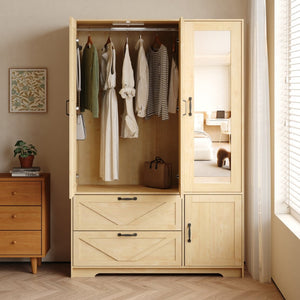 English Elm W409s00006 Mirrored Wardrobe Armoire with Black Metal Handles and Two Bottom Drawers W409P262162