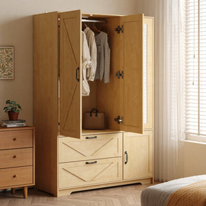 English Elm W409s00006 Mirrored Wardrobe Armoire with Black Metal Handles and Two Bottom Drawers W409P262162