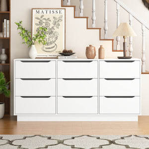 English Elm 9 Drawer White Wood Dresser Low Profile Modern Storage for Bedroom or Entryway W409P307597