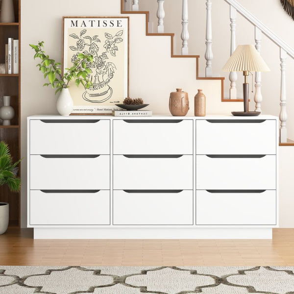 English Elm 9 Drawer White Wood Dresser Low Profile Modern Storage for Bedroom or Entryway W409P307597
