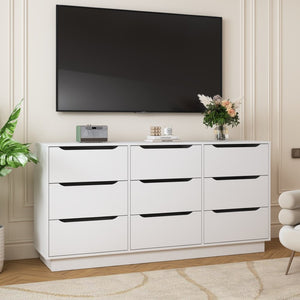 English Elm 9 Drawer White Wood Dresser Low Profile Modern Storage for Bedroom or Entryway W409P307597