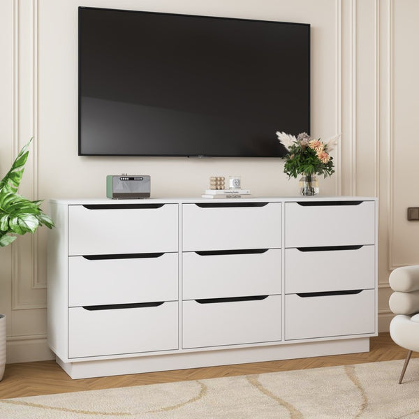English Elm 9 Drawer White Wood Dresser Low Profile Modern Storage for Bedroom or Entryway W409P307597