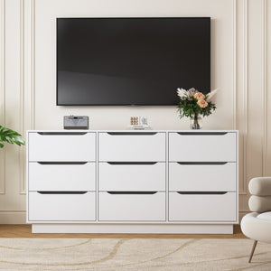 English Elm 9 Drawer White Wood Dresser Low Profile Modern Storage for Bedroom or Entryway W409P307597