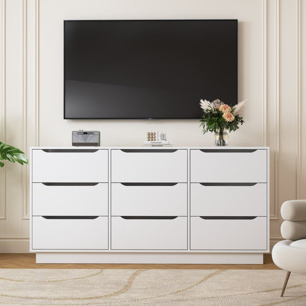English Elm 9 Drawer White Wood Dresser Low Profile Modern Storage for Bedroom or Entryway W409P307597
