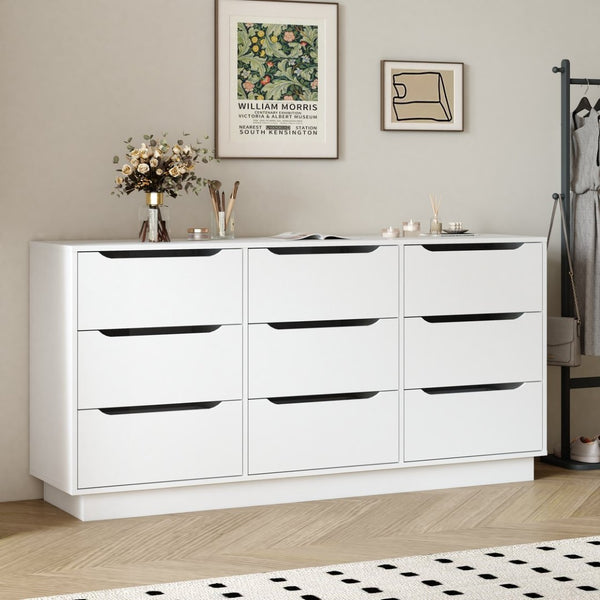 English Elm 9 Drawer White Wood Dresser Low Profile Modern Storage for Bedroom or Entryway W409P307597