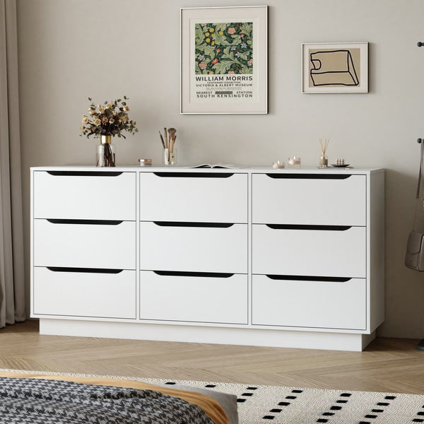 English Elm 9 Drawer White Wood Dresser Low Profile Modern Storage for Bedroom or Entryway W409P307597