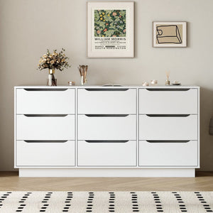 English Elm 9 Drawer White Wood Dresser Low Profile Modern Storage for Bedroom or Entryway W409P307597