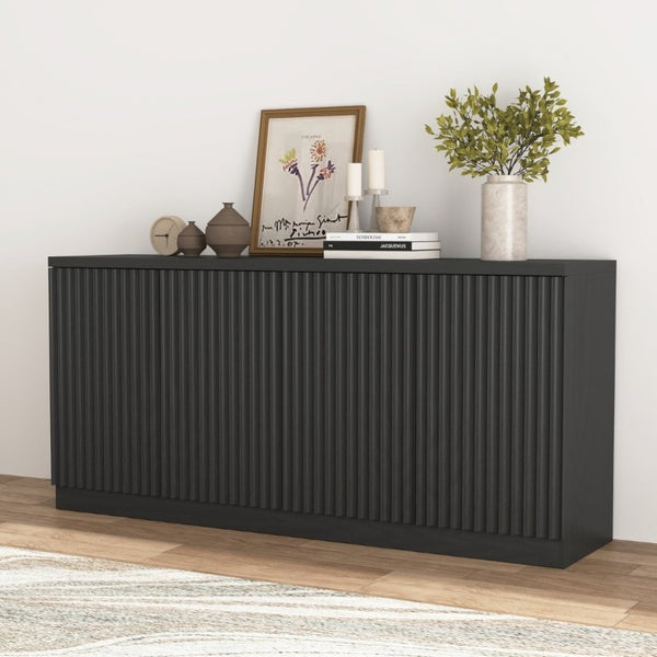 English Elm Black Matte Credenza with Four Door Concealed Shelving for Dining and Living Rooms W409P327399