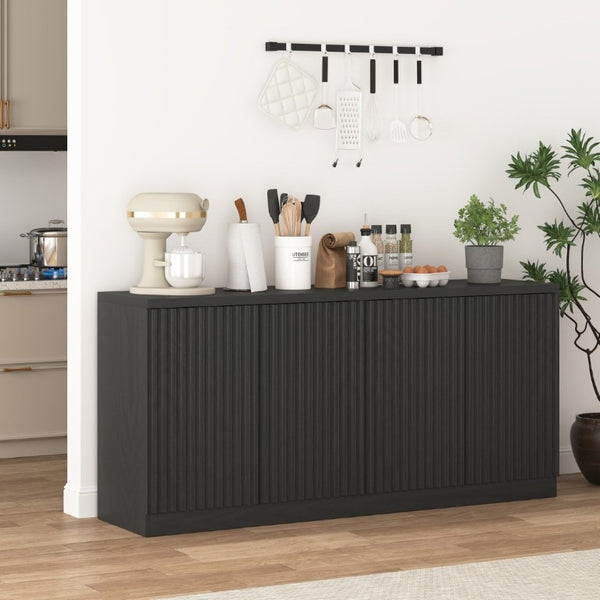 English Elm Black Matte Credenza with Four Door Concealed Shelving for Dining and Living Rooms W409P327399