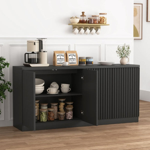 English Elm Black Matte Credenza with Four Door Concealed Shelving for Dining and Living Rooms W409P327399