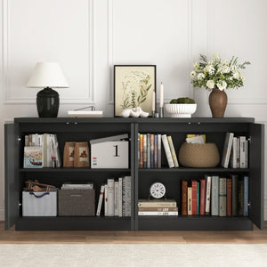 English Elm Black Matte Credenza with Four Door Concealed Shelving for Dining and Living Rooms W409P327399