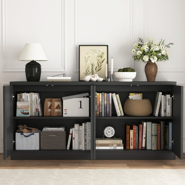 English Elm Black Matte Credenza with Four Door Concealed Shelving for Dining and Living Rooms W409P327399