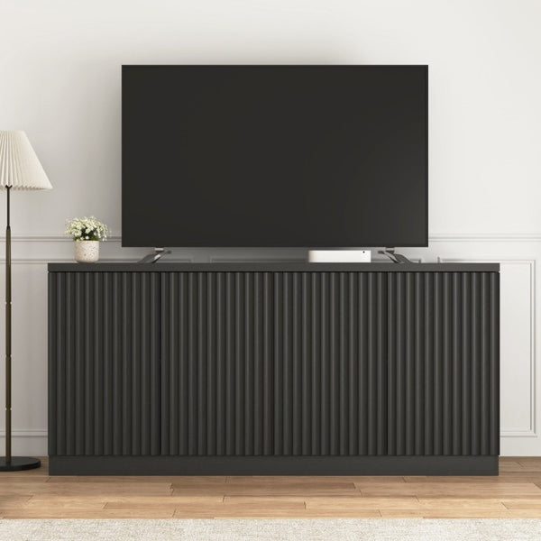 English Elm Black Matte Credenza with Four Door Concealed Shelving for Dining and Living Rooms W409P327399