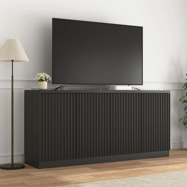 English Elm Black Matte Credenza with Four Door Concealed Shelving for Dining and Living Rooms W409P327399