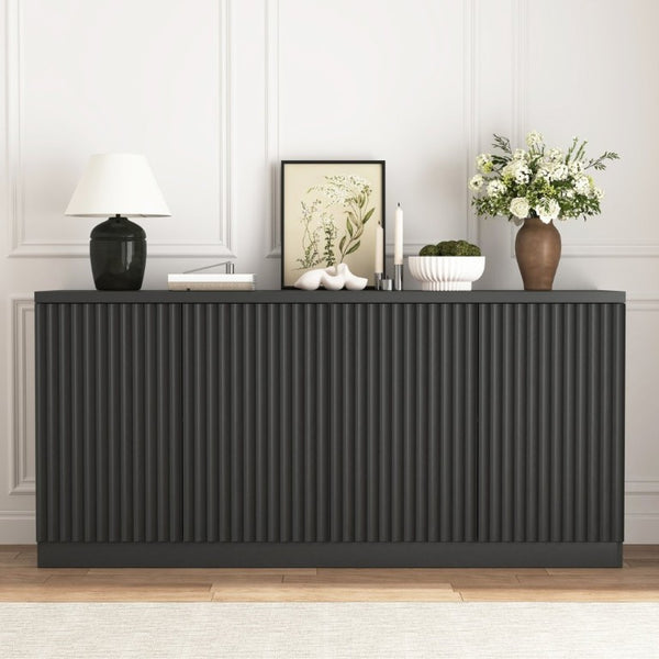 English Elm Black Matte Credenza with Four Door Concealed Shelving for Dining and Living Rooms W409P327399