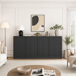English Elm Black Matte Credenza with Four Door Concealed Shelving for Dining and Living Rooms W409P327399