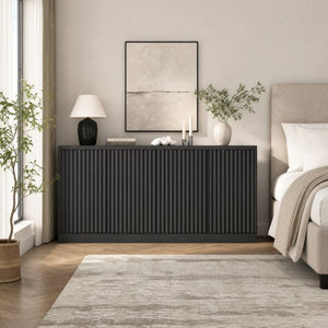 English Elm Black Matte Credenza with Four Door Concealed Shelving for Dining and Living Rooms W409P327399