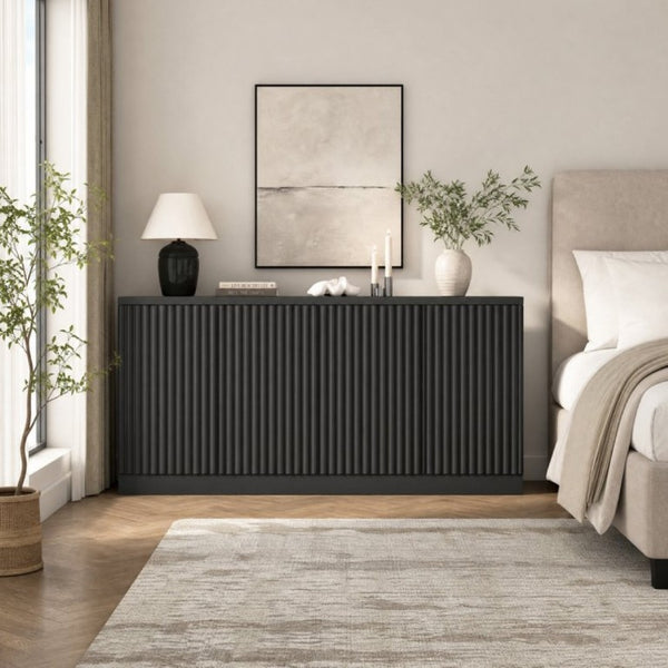 English Elm Black Matte Credenza with Four Door Concealed Shelving for Dining and Living Rooms W409P327399