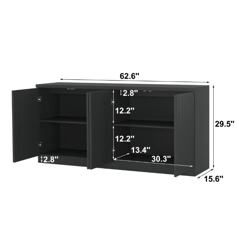 English Elm Black Matte Credenza with Four Door Concealed Shelving for Dining and Living Rooms W409P327399