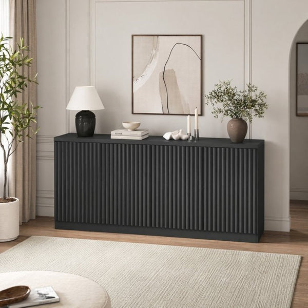 English Elm Black Matte Credenza with Four Door Concealed Shelving for Dining and Living Rooms W409P327399