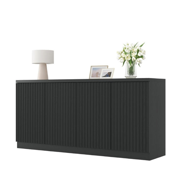 English Elm Black Matte Credenza with Four Door Concealed Shelving for Dining and Living Rooms W409P327399