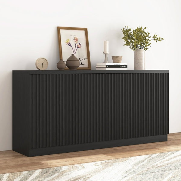 English Elm Black Matte Credenza with Four Door Concealed Shelving for Dining and Living Rooms W409P327399