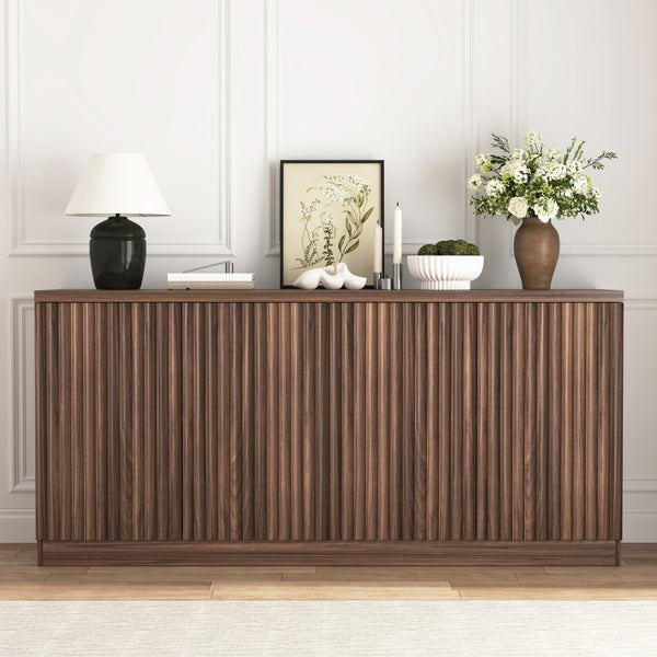 English Elm Buffet Credenza with Four Door Storage in Walnut Finish for Dining and Living Spaces W409P327401