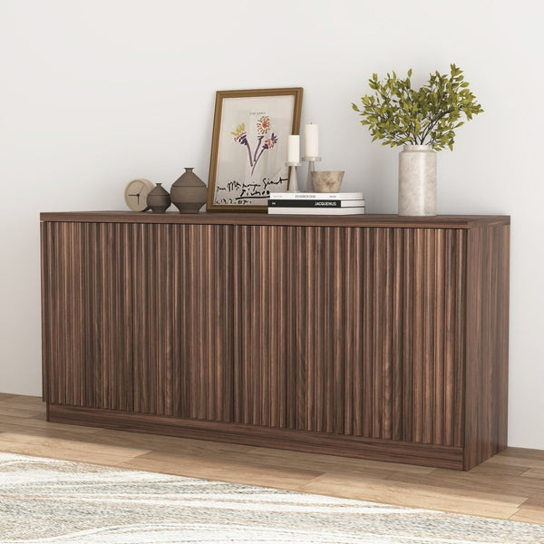 English Elm Buffet Credenza with Four Door Storage in Walnut Finish for Dining and Living Spaces W409P327401