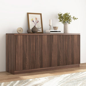 English Elm Buffet Credenza with Four Door Storage in Walnut Finish for Dining and Living Spaces W409P327401