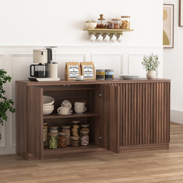English Elm Buffet Credenza with Four Door Storage in Walnut Finish for Dining and Living Spaces W409P327401