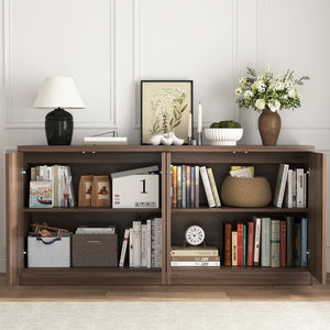 English Elm Buffet Credenza with Four Door Storage in Walnut Finish for Dining and Living Spaces W409P327401