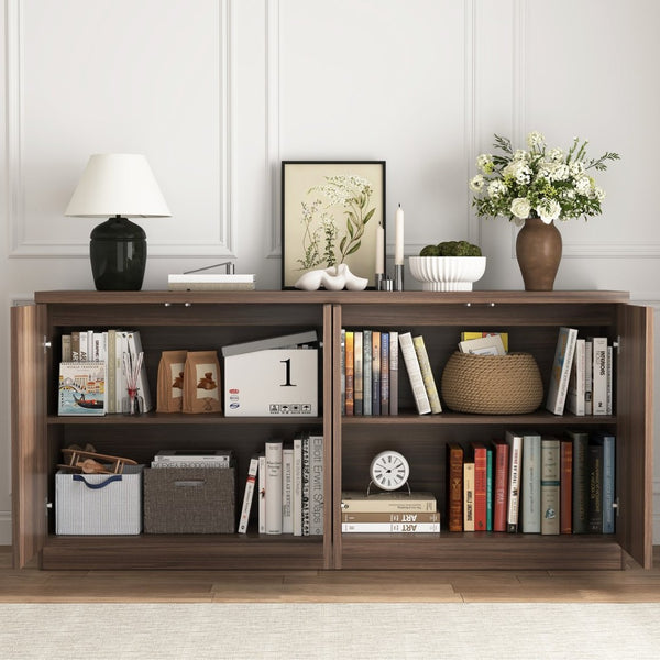 English Elm Buffet Credenza with Four Door Storage in Walnut Finish for Dining and Living Spaces W409P327401