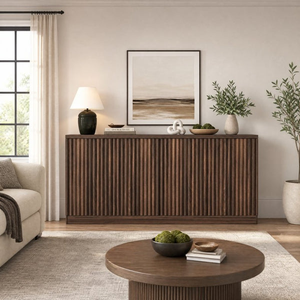 English Elm Buffet Credenza with Four Door Storage in Walnut Finish for Dining and Living Spaces W409P327401