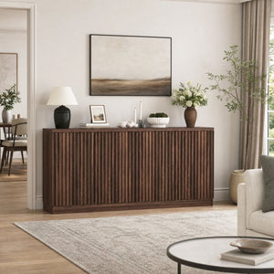 English Elm Buffet Credenza with Four Door Storage in Walnut Finish for Dining and Living Spaces W409P327401