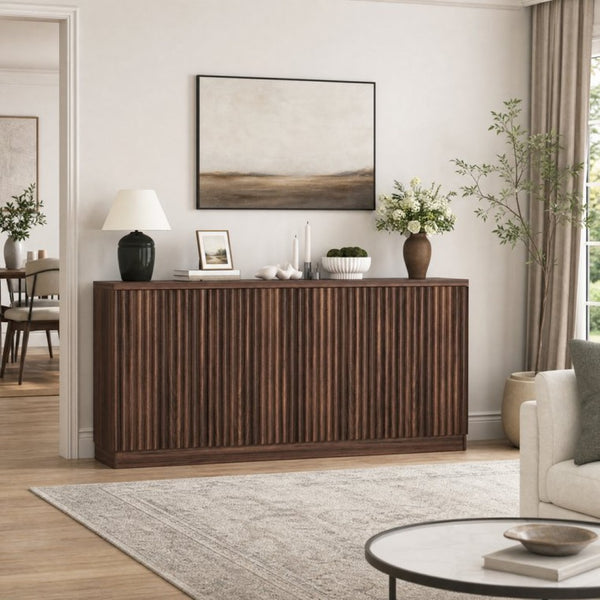 English Elm Buffet Credenza with Four Door Storage in Walnut Finish for Dining and Living Spaces W409P327401
