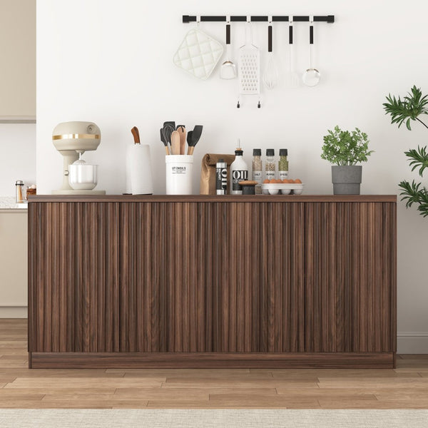 English Elm Buffet Credenza with Four Door Storage in Walnut Finish for Dining and Living Spaces W409P327401