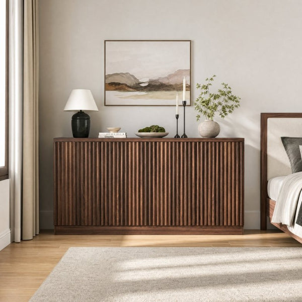 English Elm Buffet Credenza with Four Door Storage in Walnut Finish for Dining and Living Spaces W409P327401