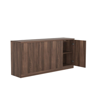 English Elm Buffet Credenza with Four Door Storage in Walnut Finish for Dining and Living Spaces W409P327401