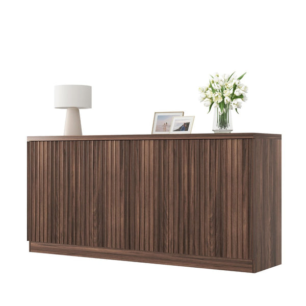 English Elm Buffet Credenza with Four Door Storage in Walnut Finish for Dining and Living Spaces W409P327401