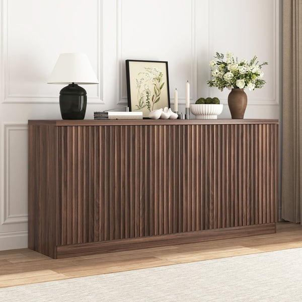 English Elm Buffet Credenza with Four Door Storage in Walnut Finish for Dining and Living Spaces W409P327401