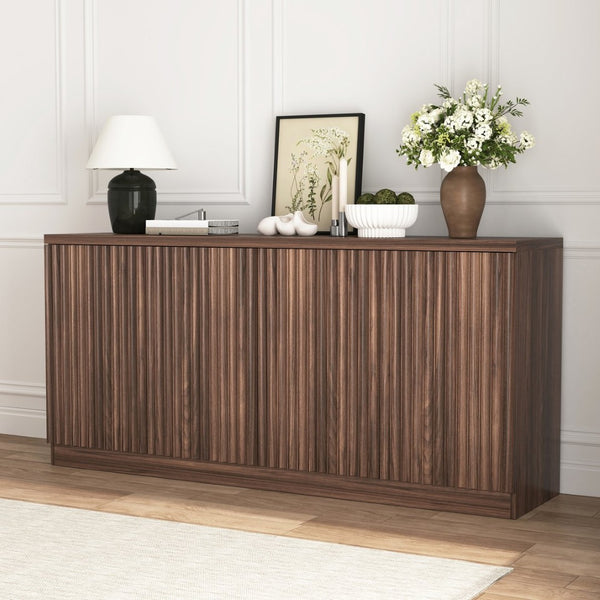 English Elm Buffet Credenza with Four Door Storage in Walnut Finish for Dining and Living Spaces W409P327401