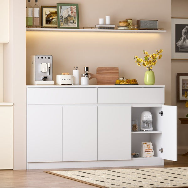 English Elm Sideboard Buffet with 2 Drawers 4 Doors White Wood Finish for Dining Room Storage W409P329794