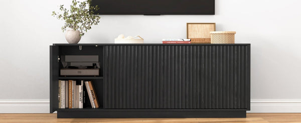 English Elm Buffet Credenza with Four Door Storage and Shelves for Dining or Coffee Bar Black W409P387583