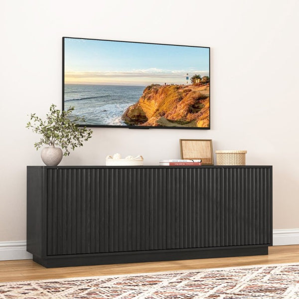 English Elm Buffet Credenza with Four Door Storage and Shelves for Dining or Coffee Bar Black W409P387583