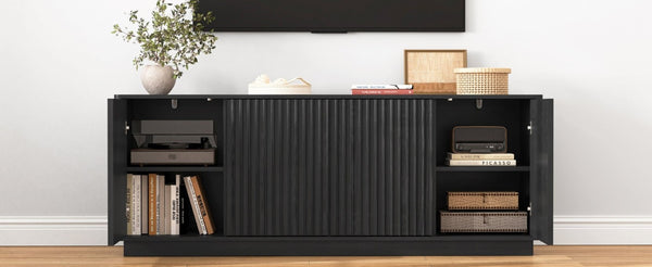 English Elm Buffet Credenza with Four Door Storage and Shelves for Dining or Coffee Bar Black W409P387583