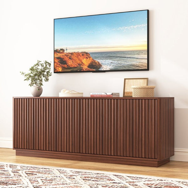 English Elm Buffet Credenza with Four Door Storage and Shelves for Dining or Coffee Bar Walnut W409P387586