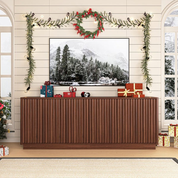 English Elm Buffet Credenza with Four Door Storage and Shelves for Dining or Coffee Bar Walnut W409P387586