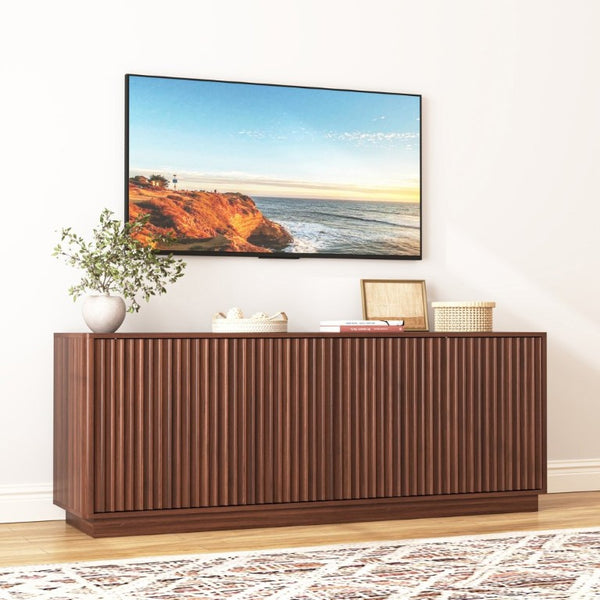 English Elm Buffet Credenza with Four Door Storage and Shelves for Dining or Coffee Bar Walnut W409P387586