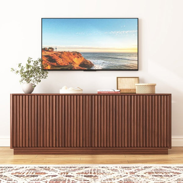 English Elm Buffet Credenza with Four Door Storage and Shelves for Dining or Coffee Bar Walnut W409P387586