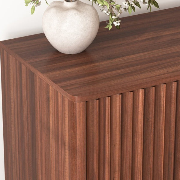 English Elm Buffet Credenza with Four Door Storage and Shelves for Dining or Coffee Bar Walnut W409P387586